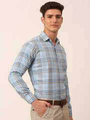 Indian Needle Men's Cotton Checked Formal Shirts-SF-819Sky