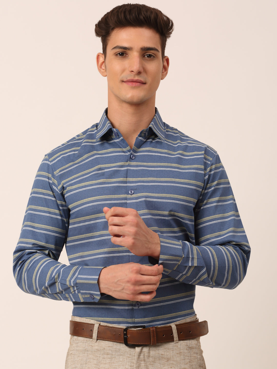 Indian Needle Men's Cotton Striped Formal Shirts-SF-820Blue