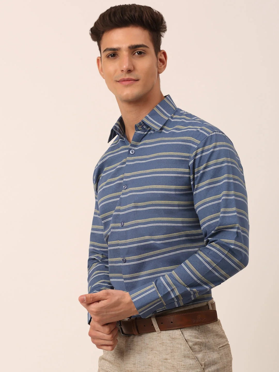 Cotton Striped Formal Shirts - Blue Mens Shirt | Indian Needle