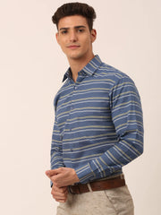 Indian Needle Men's Cotton Striped Formal Shirts-SF-820Blue