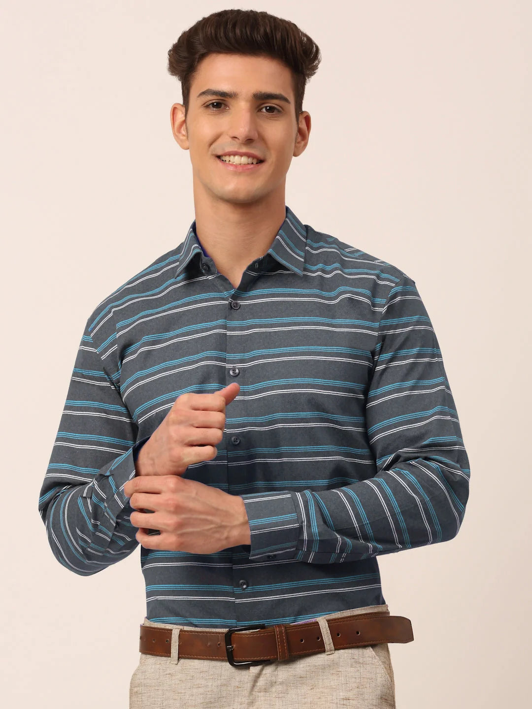 Men's Cotton Striped Formal Shirts - Indian Needle Grey