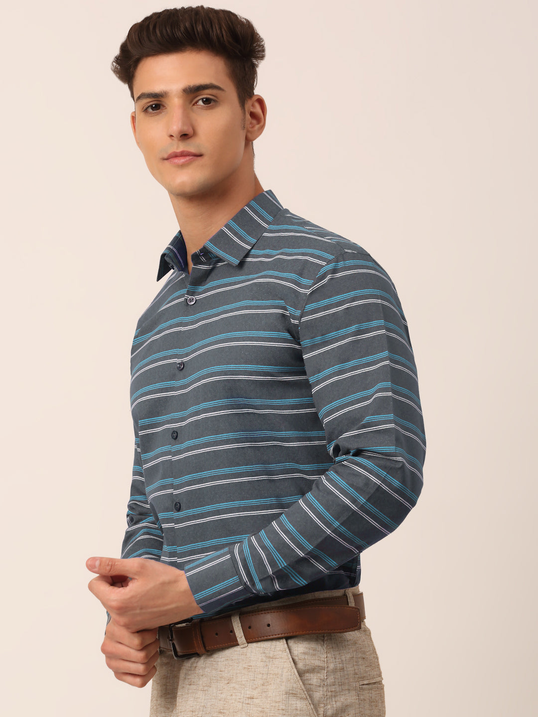 Men's Cotton Striped Formal Shirts - Indian Needle Grey