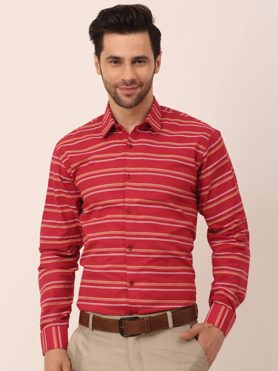 Men's Cotton Striped Formal Shirts - Indian Needle Maroon