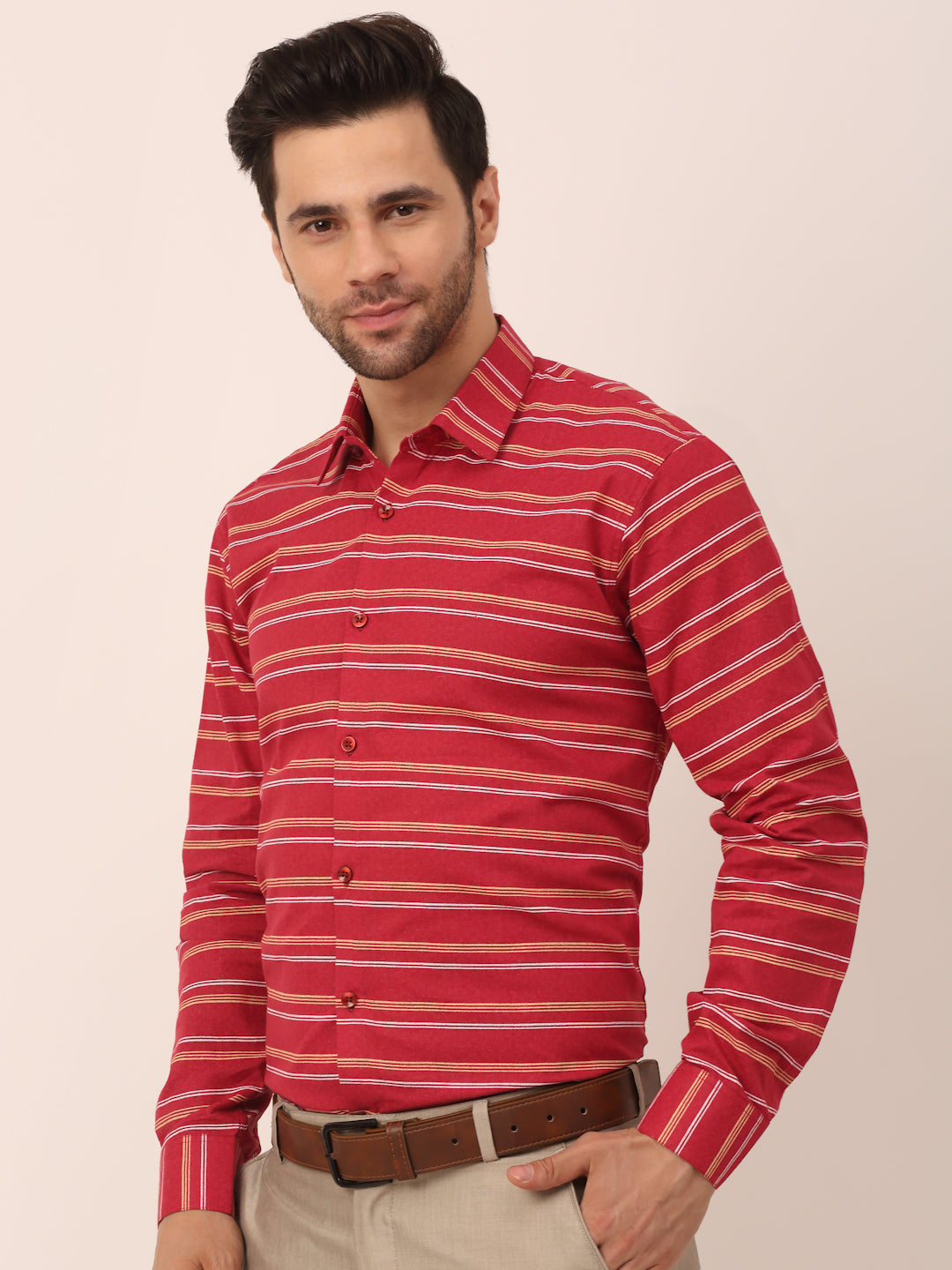 Men's Cotton Striped Formal Shirts - Indian Needle Maroon