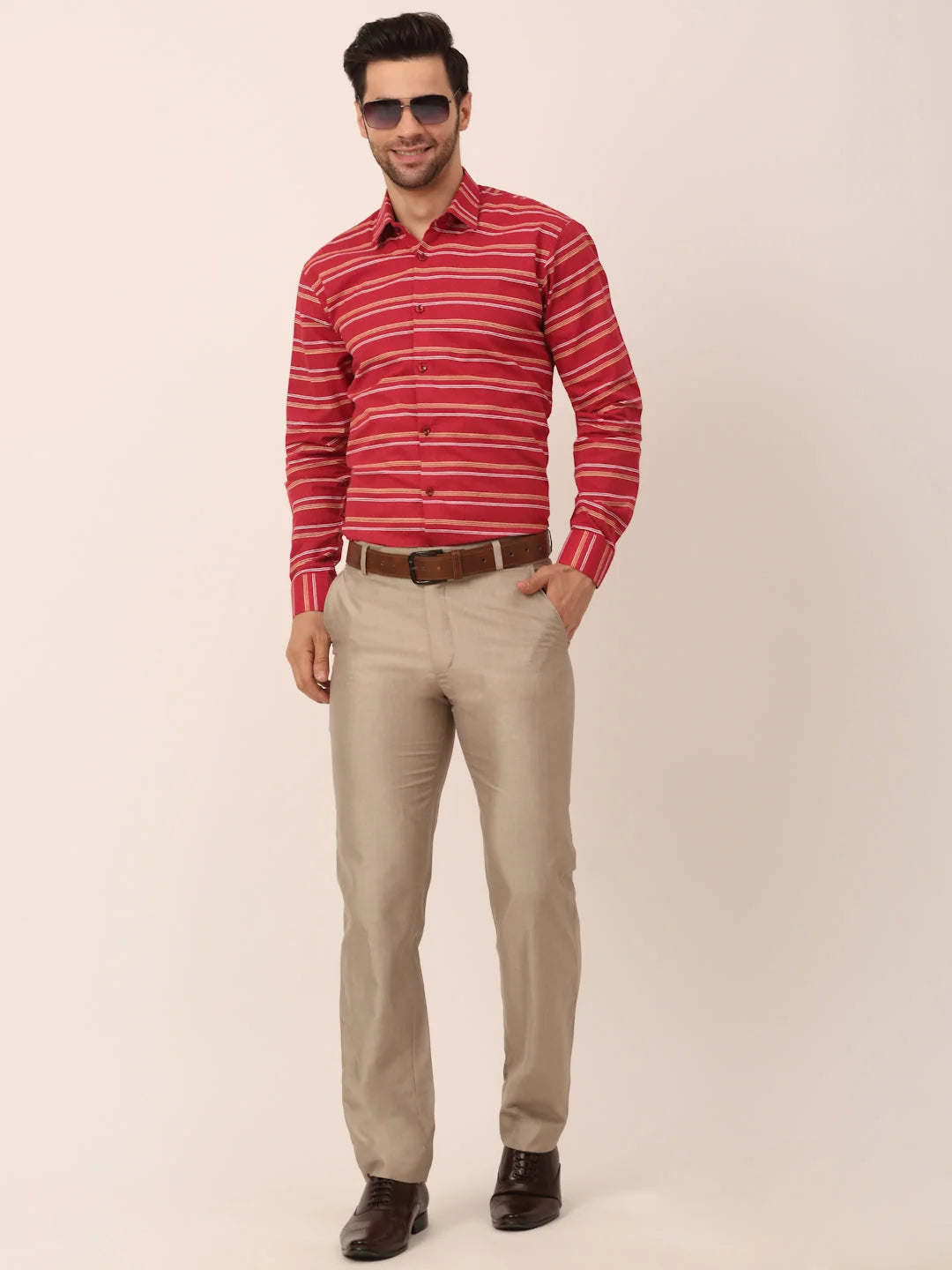 Men's Cotton Striped Formal Shirts - Indian Needle Maroon