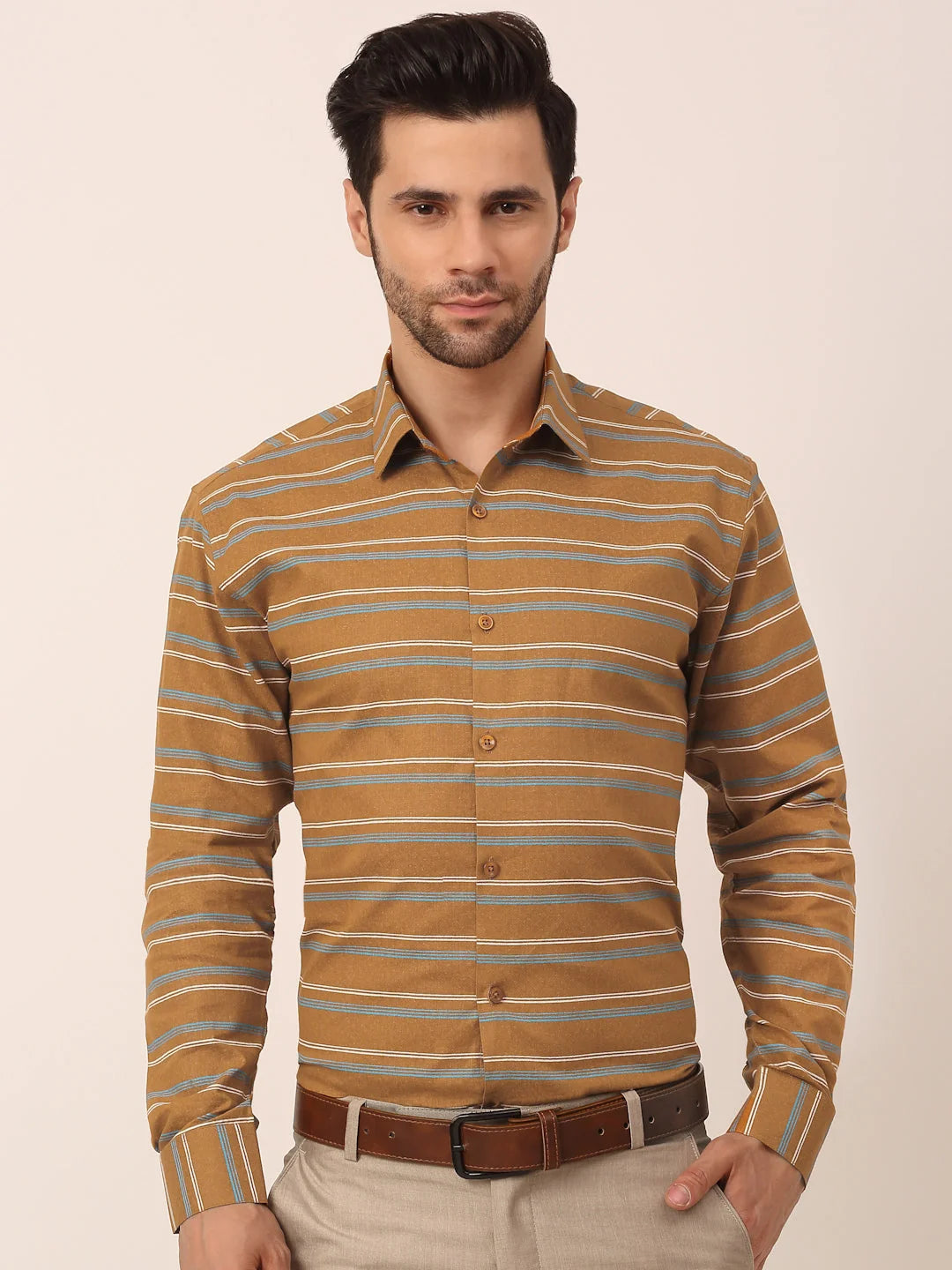 Mustard Cotton Formal Shirts - Striped Mens Shirt | Indian Needle