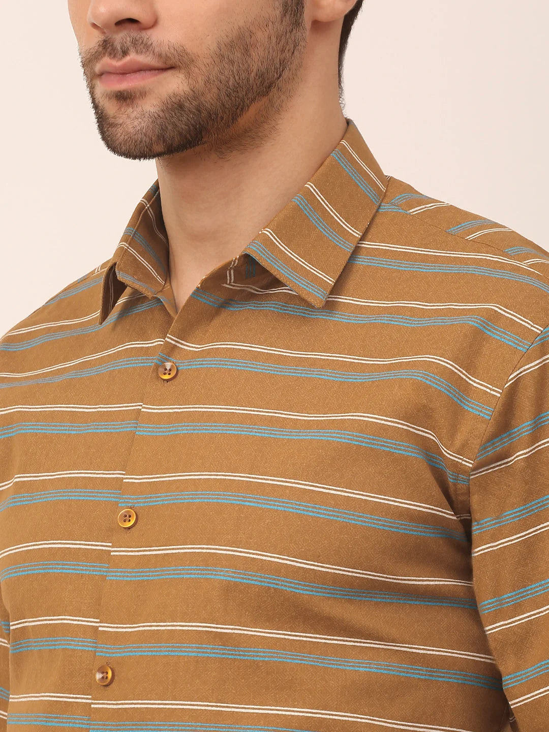 Mustard Cotton Formal Shirts - Striped Mens Shirt | Indian Needle