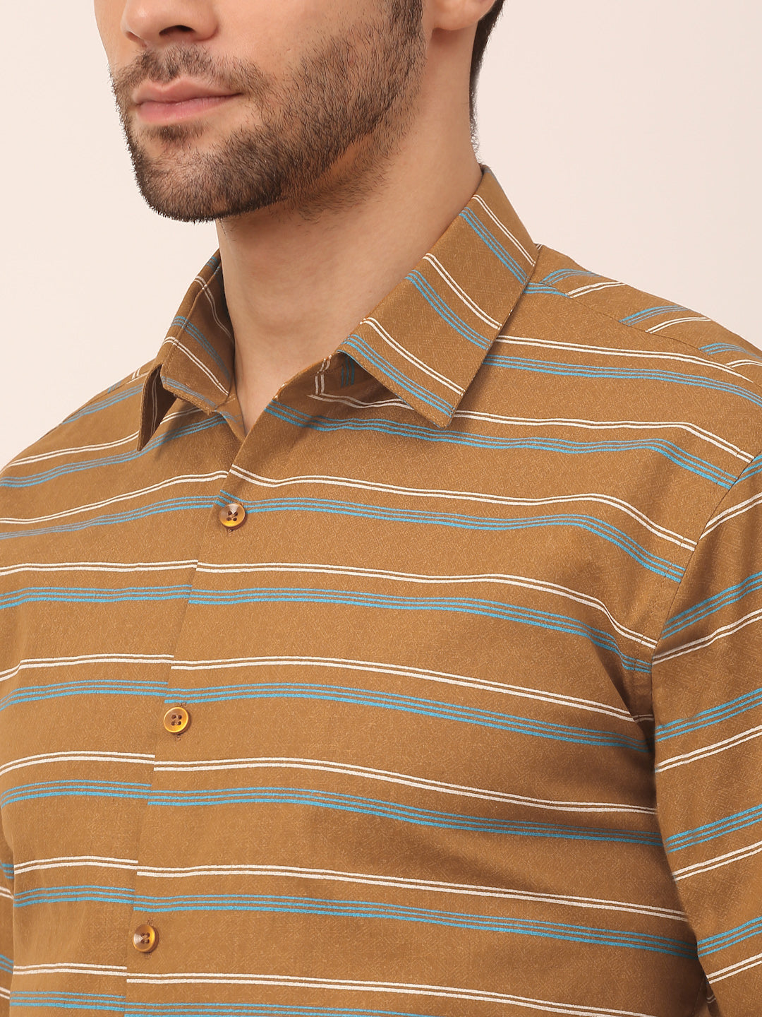 Mustard Cotton Formal Shirts - Striped Mens Shirt | Indian Needle