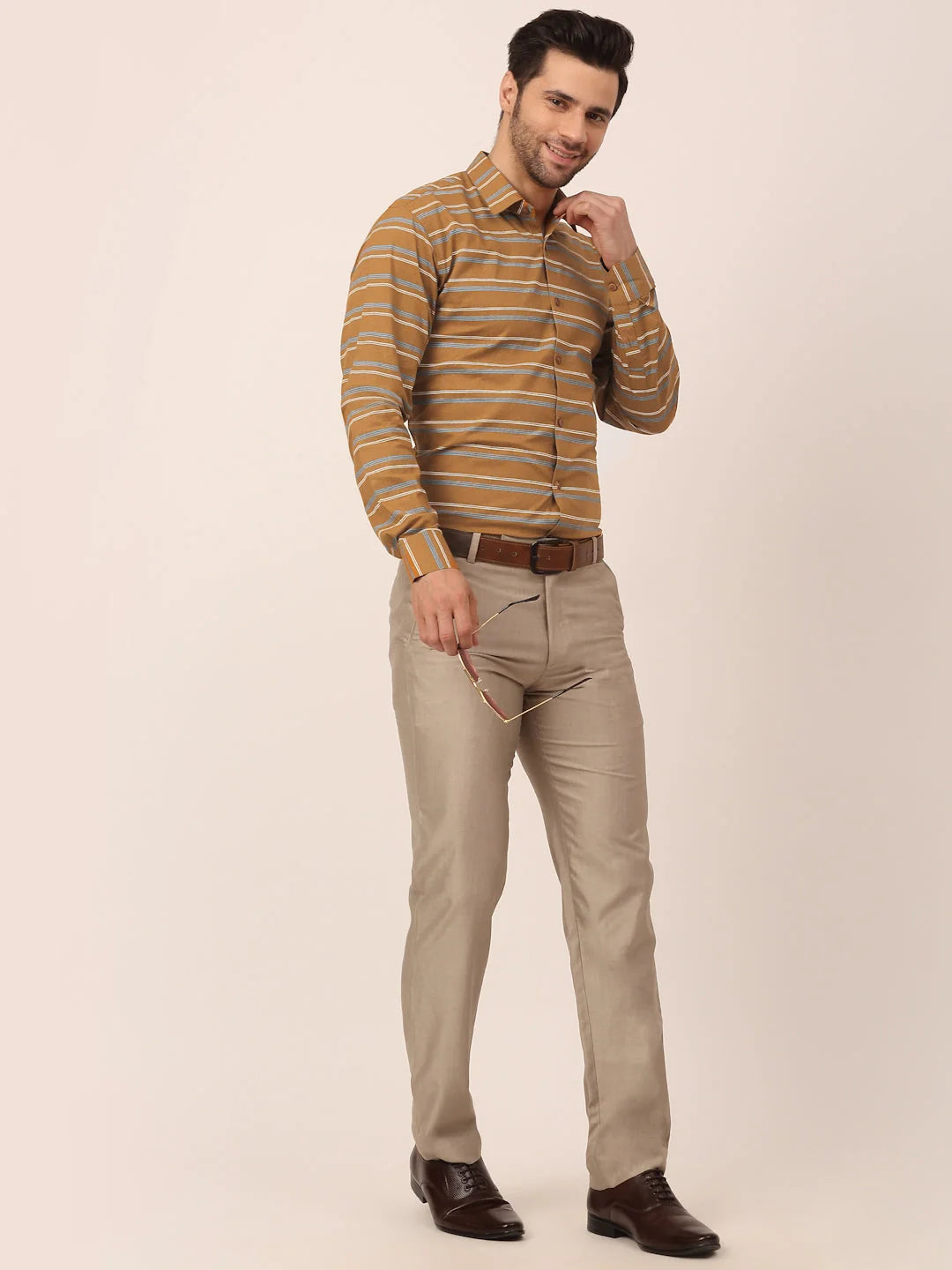 Mustard Cotton Formal Shirts - Striped Mens Shirt | Indian Needle