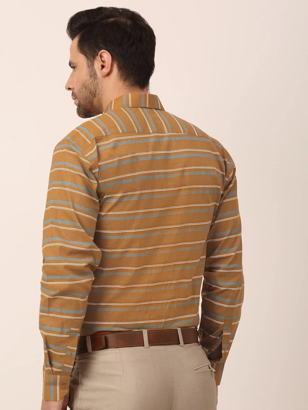 Mustard Cotton Formal Shirts - Striped Mens Shirt | Indian Needle
