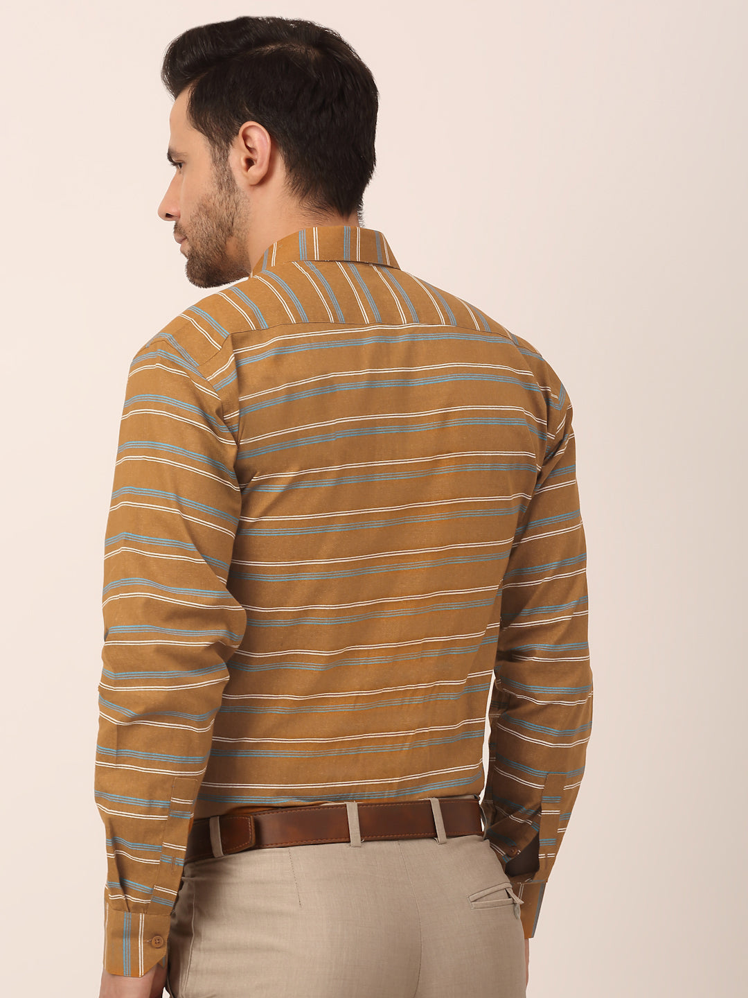 Mustard Cotton Formal Shirts - Striped Mens Shirt | Indian Needle