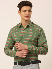 Indian Needle Men's Cotton Striped Formal Shirts-SF-820Olive