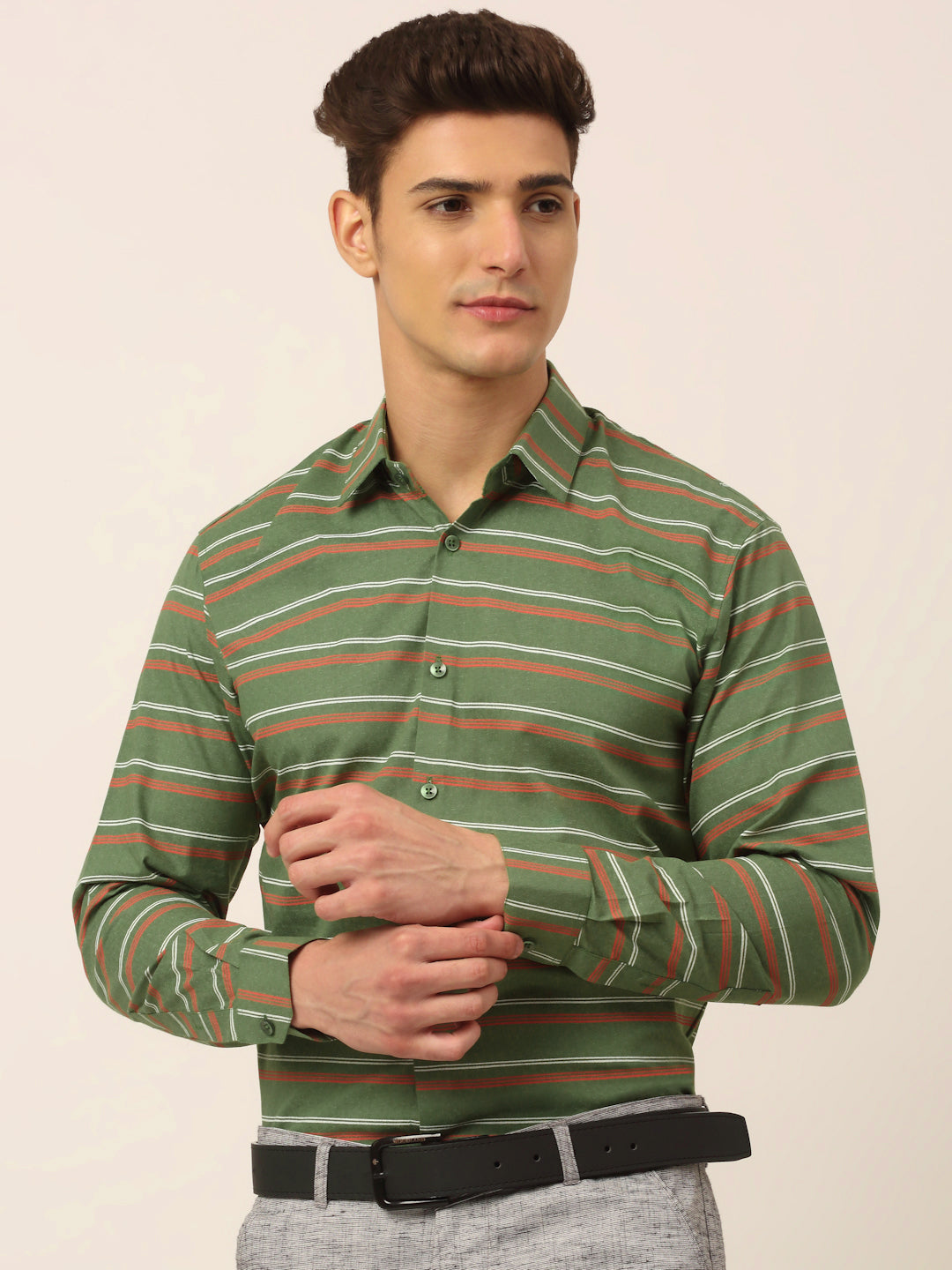 Indian Needle Men's Cotton Striped Formal Shirts-SF-820Olive