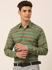 Indian Needle Men's Cotton Striped Formal Shirts-SF-820Olive