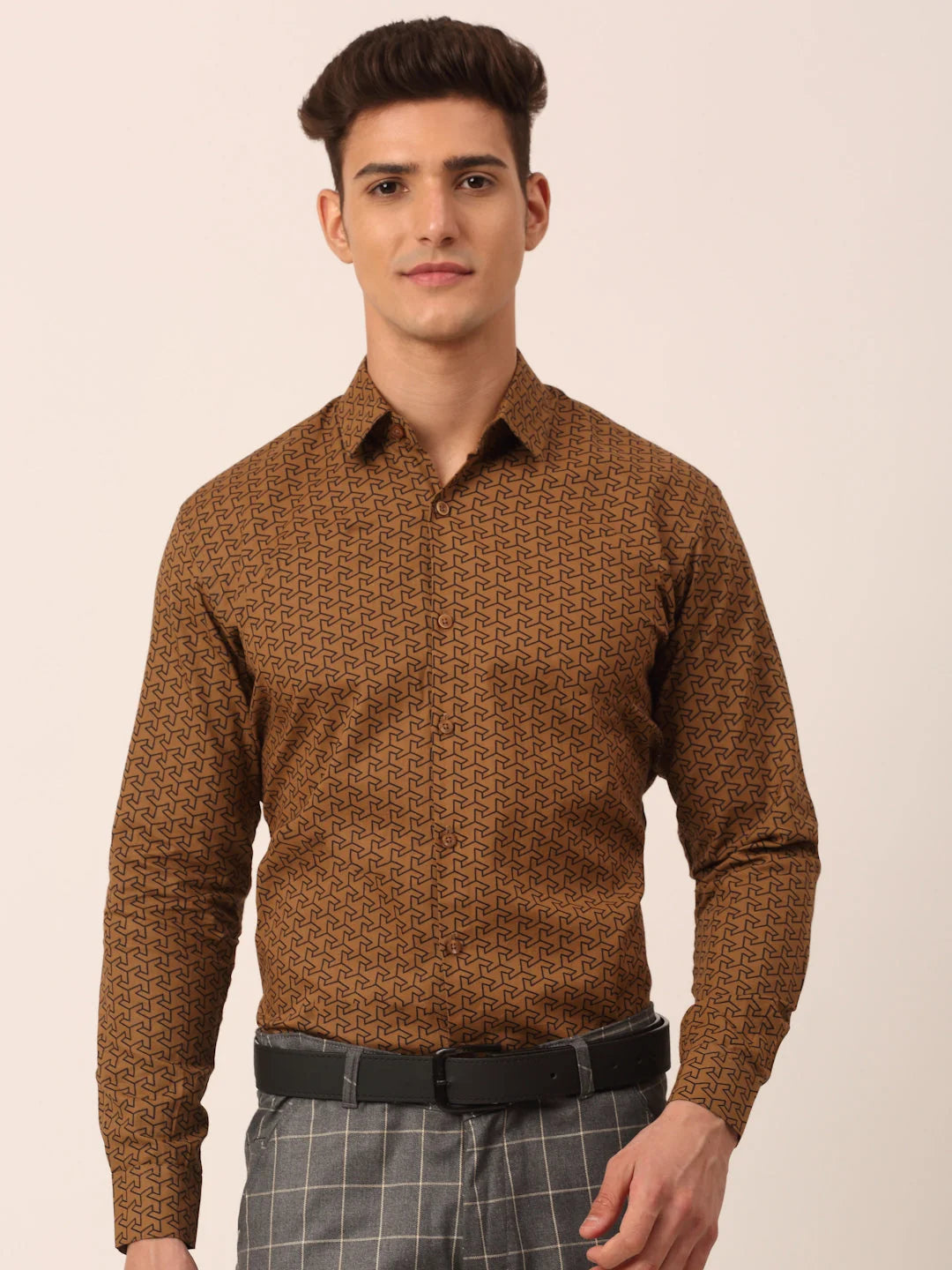Beige Formal Shirts - Mens Cotton Printed Shirt | Indian Needle