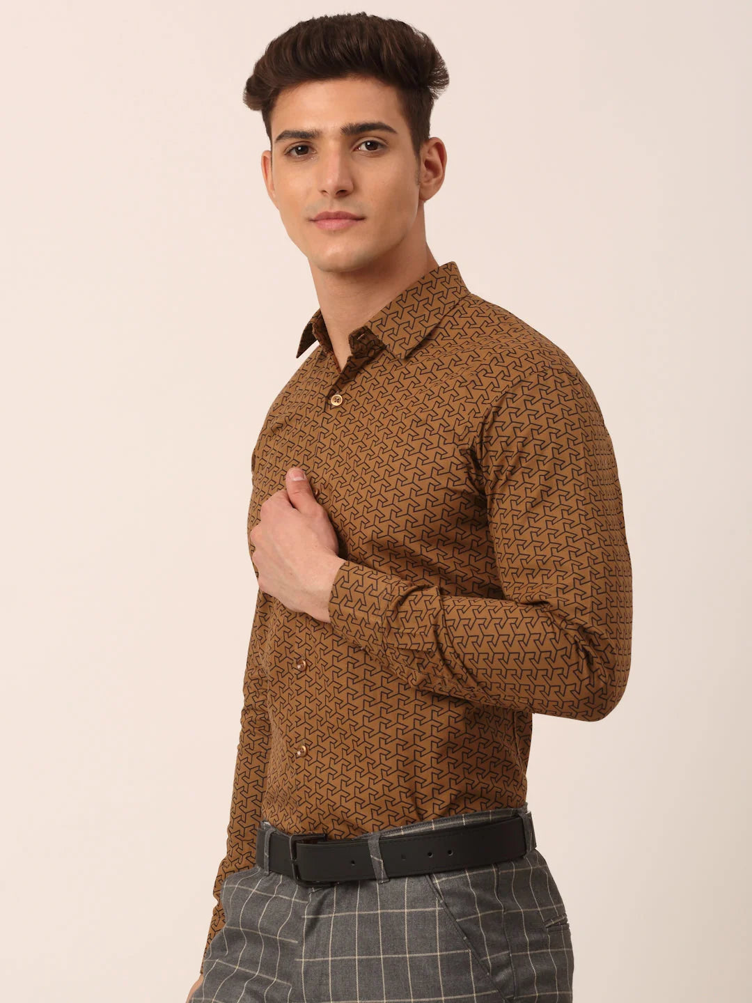 Beige Formal Shirts - Mens Cotton Printed Shirt | Indian Needle