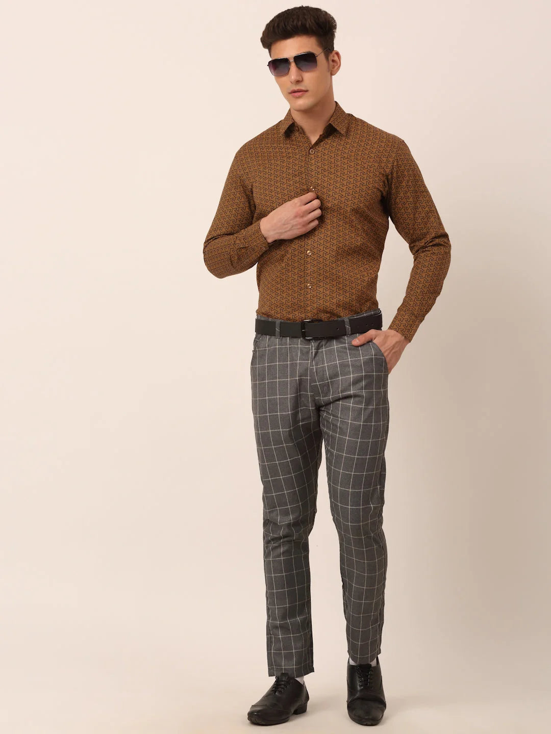 Beige Formal Shirts - Mens Cotton Printed Shirt | Indian Needle