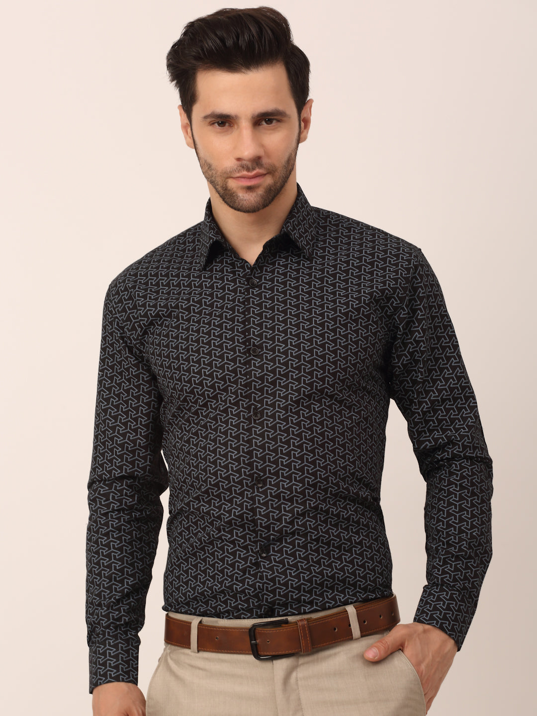 Indian Needle Men's Cotton Printed Formal Shirts-SF-821Black