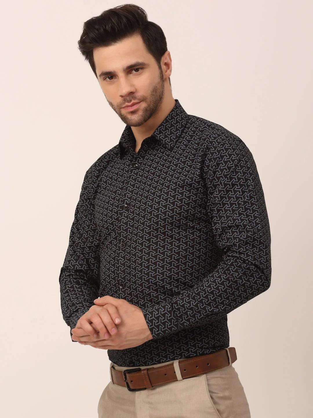Mens Cotton Printed Shirt - Black Formal Shirts | Indian Needle