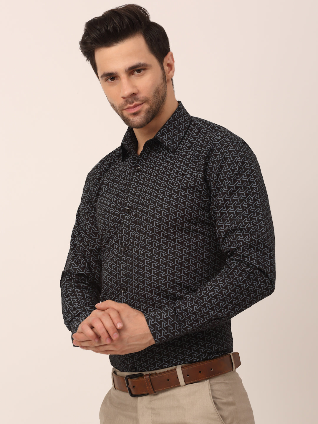Mens Cotton Printed Shirt - Black Formal Shirts | Indian Needle