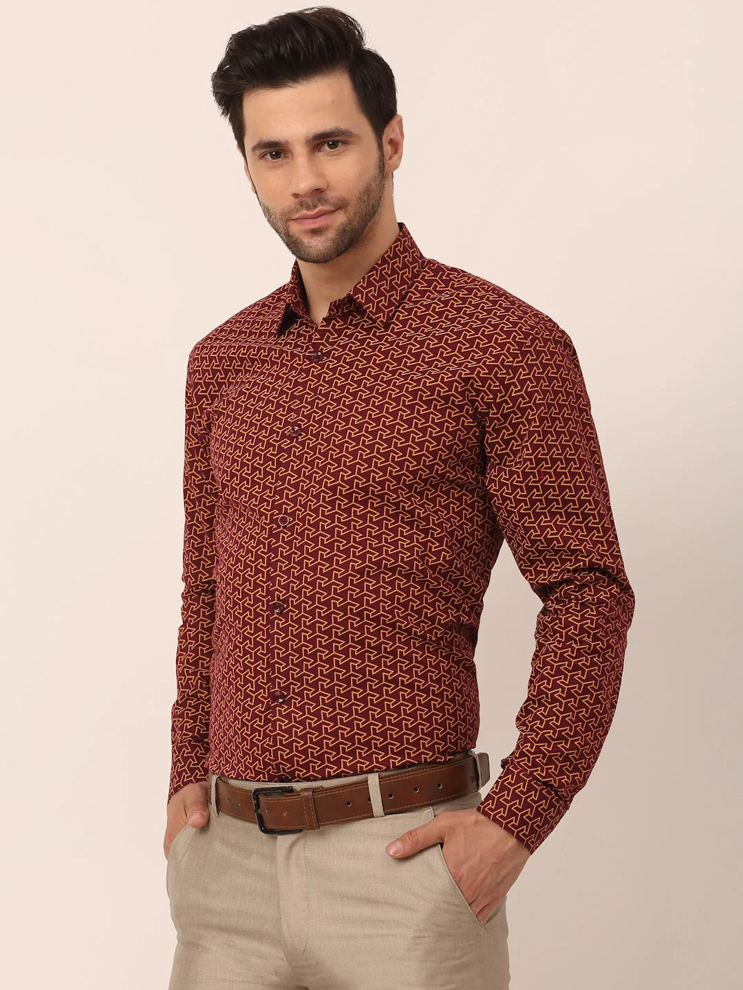 Brown Cotton Printed Formal Shirts - Mens Shirt | Indian Needle
