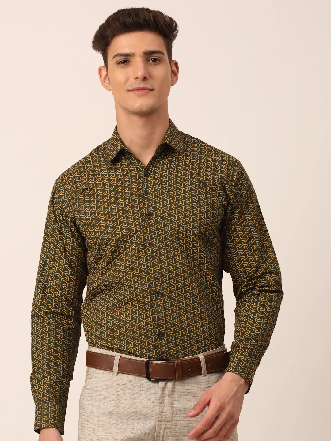 Olive Cotton Printed Formal Shirts - Mens Shirt | Indian Needle