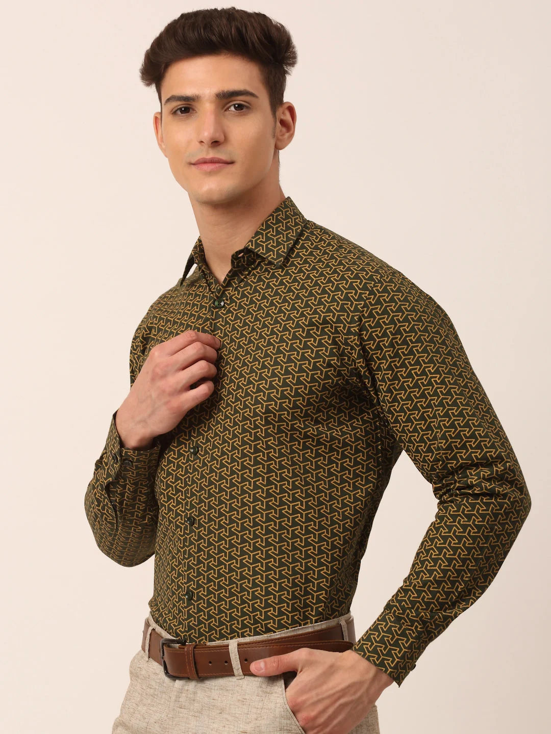 Olive Cotton Printed Formal Shirts - Mens Shirt | Indian Needle