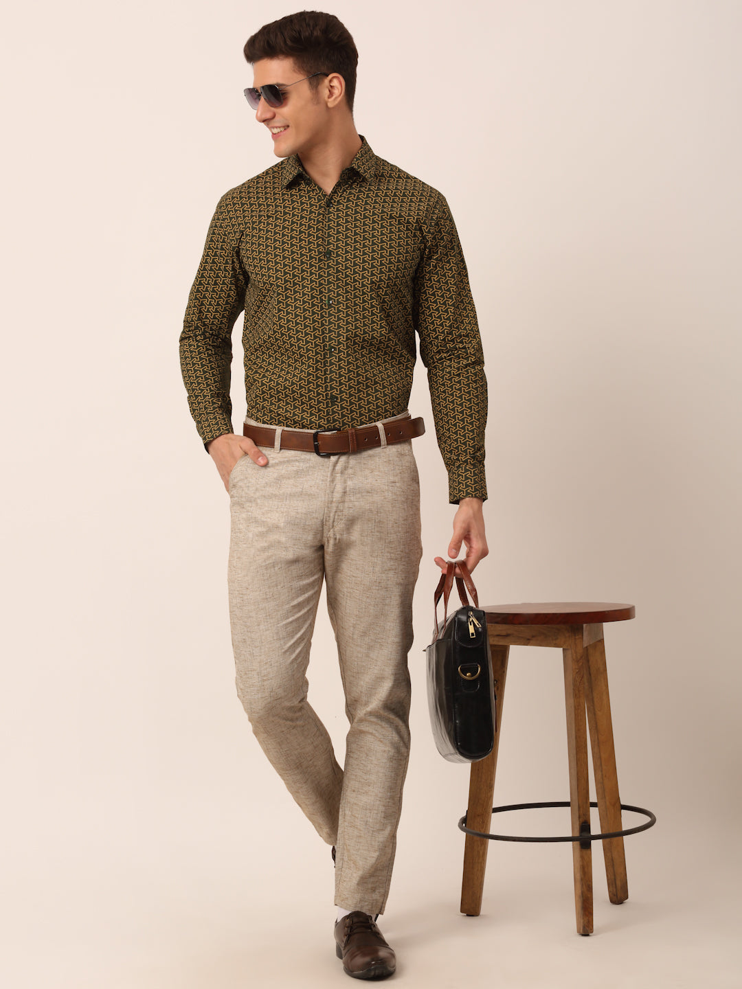 Olive Cotton Printed Formal Shirts - Mens Shirt | Indian Needle