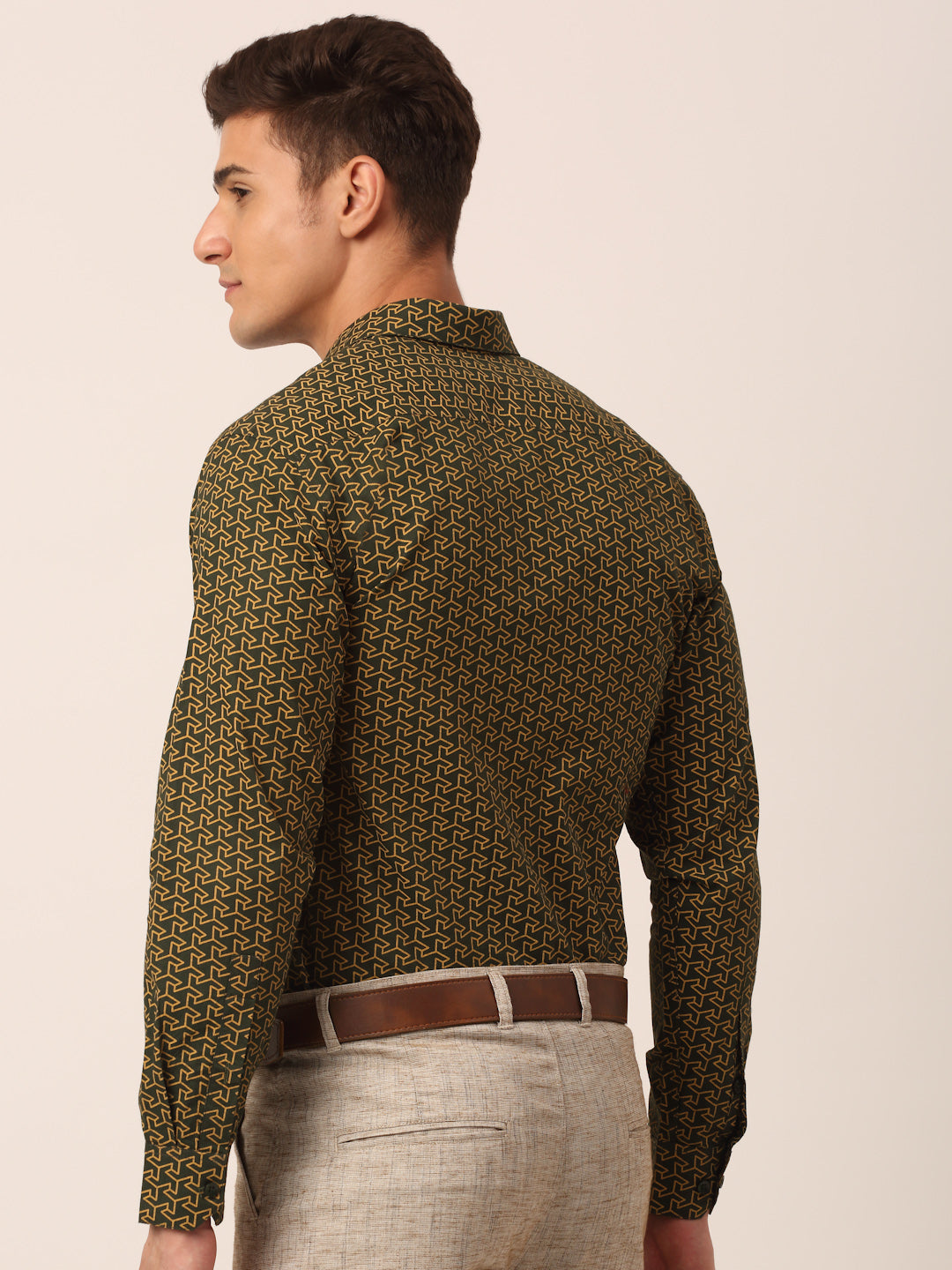 Olive Cotton Printed Formal Shirts - Mens Shirt | Indian Needle