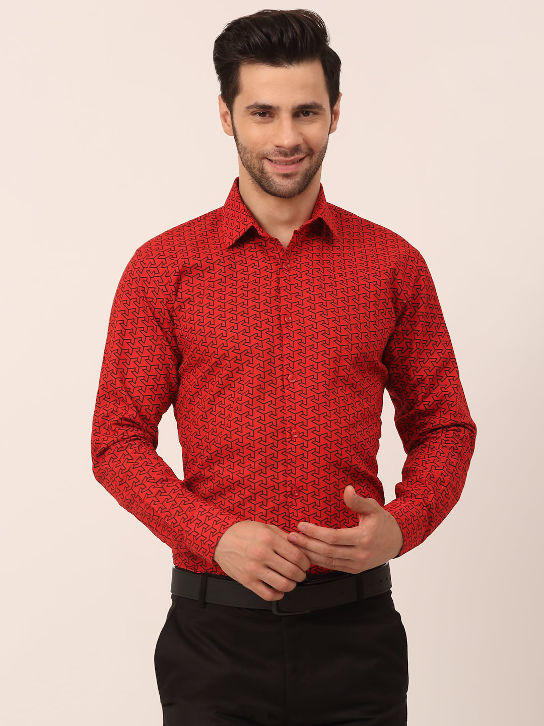 Indian Needle Men's Cotton Printed Formal Shirts-SF-821Red