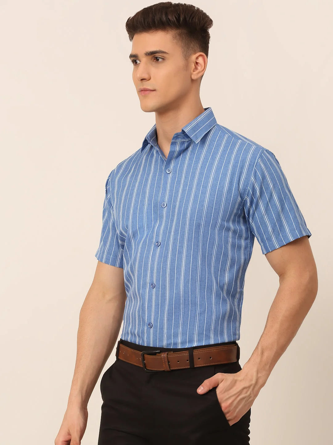 Blue & White Striped Cotton Mens Shirt - Formal Shirts