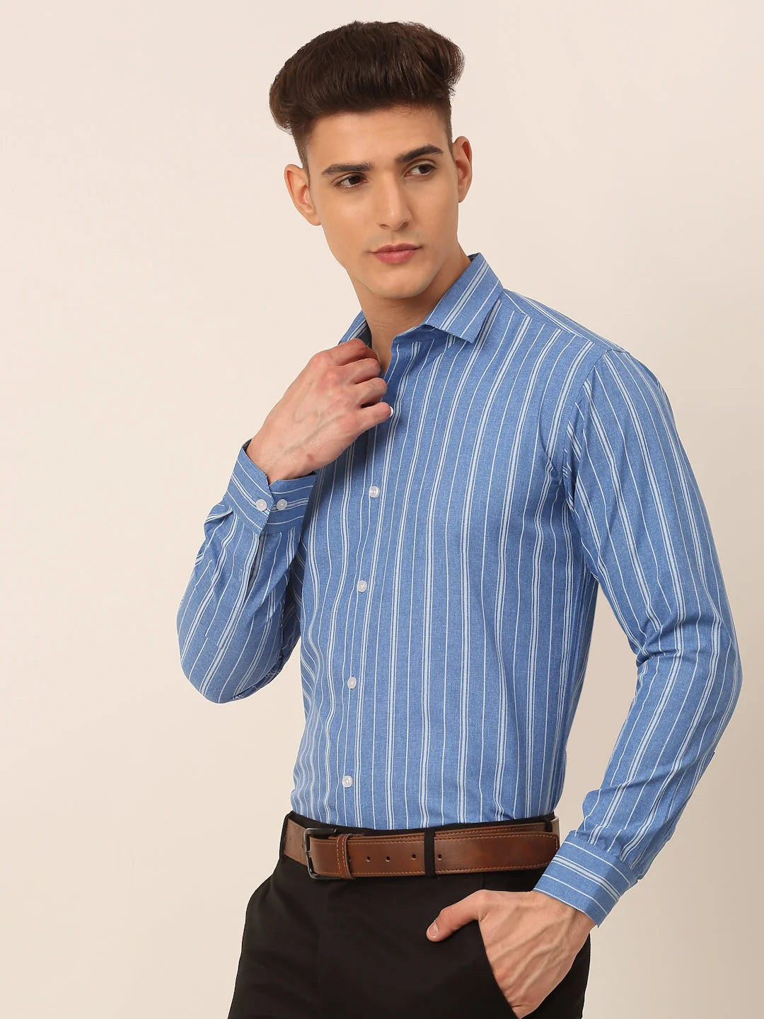 Men's Blue & White Striped Formal Shirt | Cotton Fabric