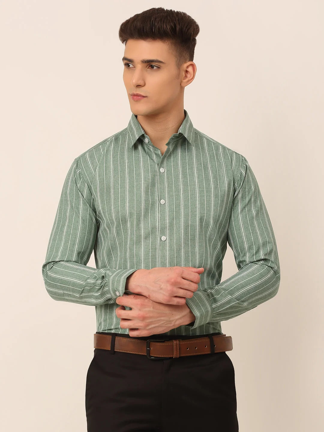 Men Green & White Classic Striped Formal Shirt-SF-825