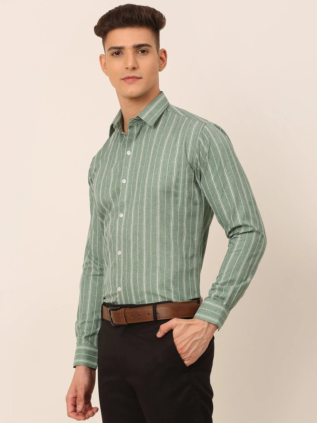 Green Striped Mens Shirt - Classic Cotton Formal Shirts