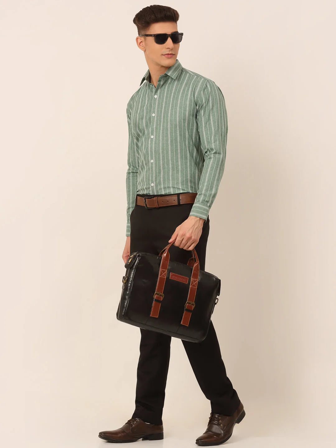 Green Striped Mens Shirt - Classic Cotton Formal Shirts