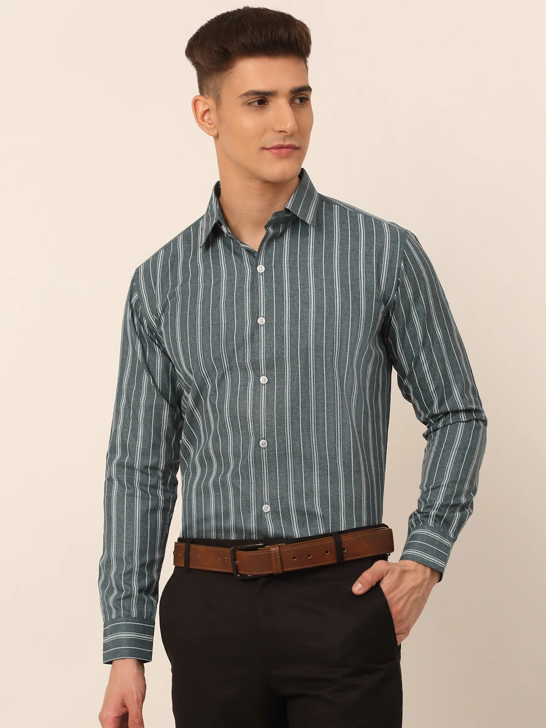 Grey Striped Mens Shirt - Classic Cotton Formal Shirts