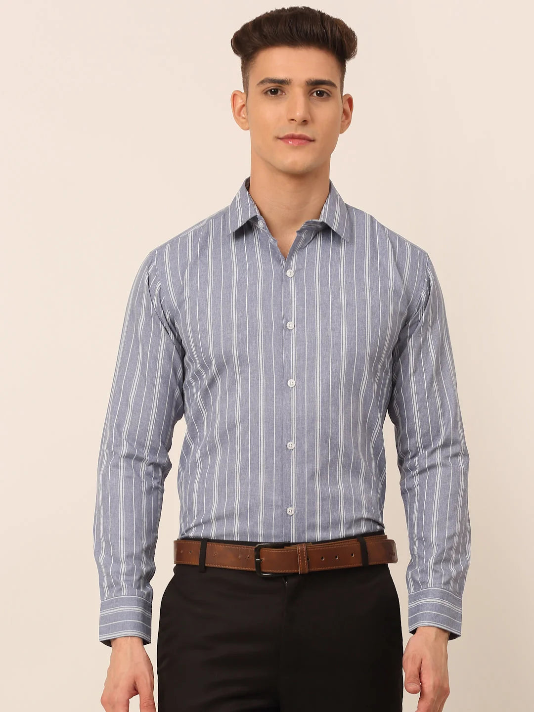 Men Light Grey & White Classic Striped Formal Shirt-SF-825
