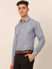 Men Light Grey & White Classic Striped Formal Shirt-SF-825