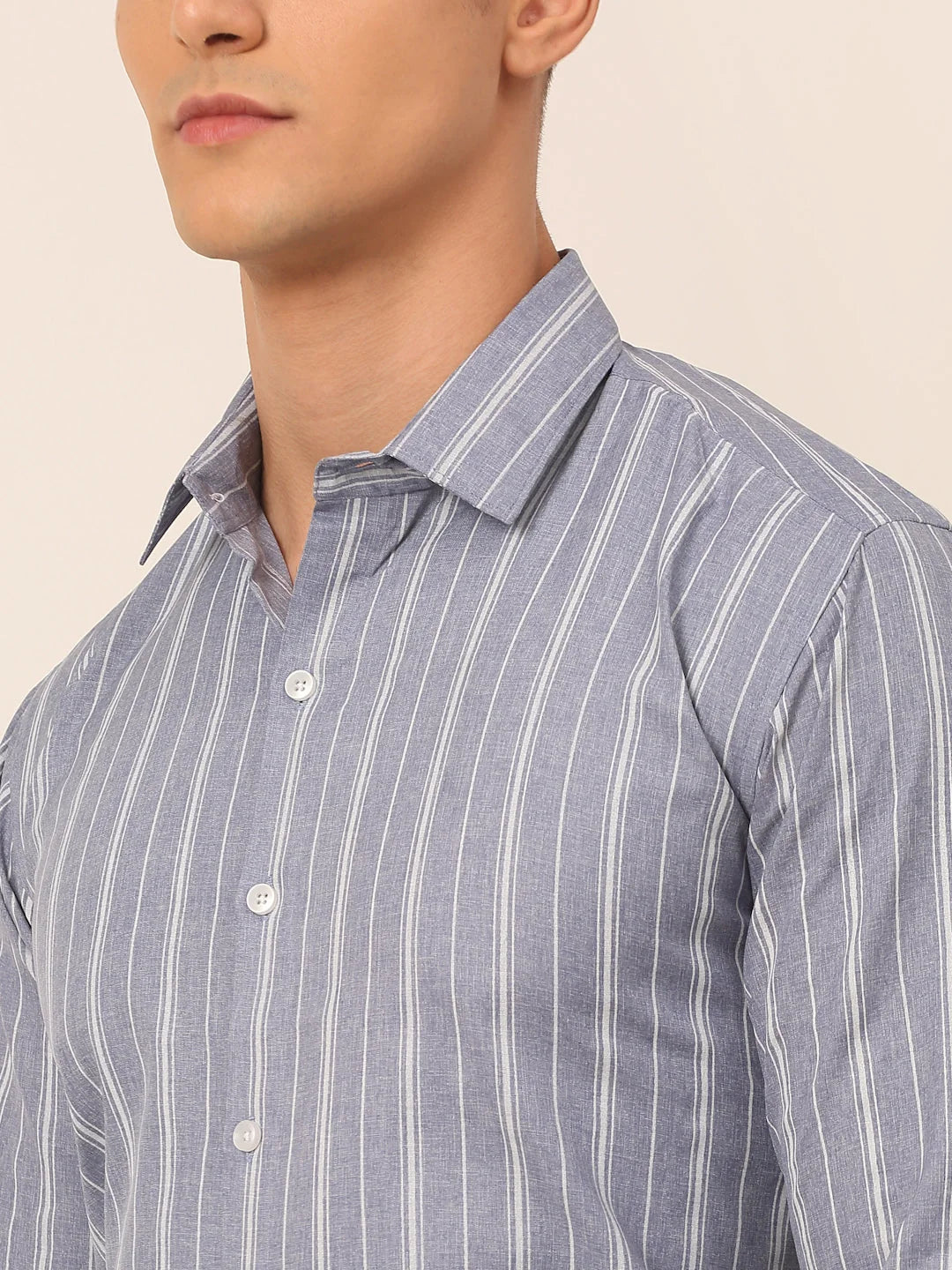 Light Grey Striped Mens Shirt - Classic Cotton Formal Shirts