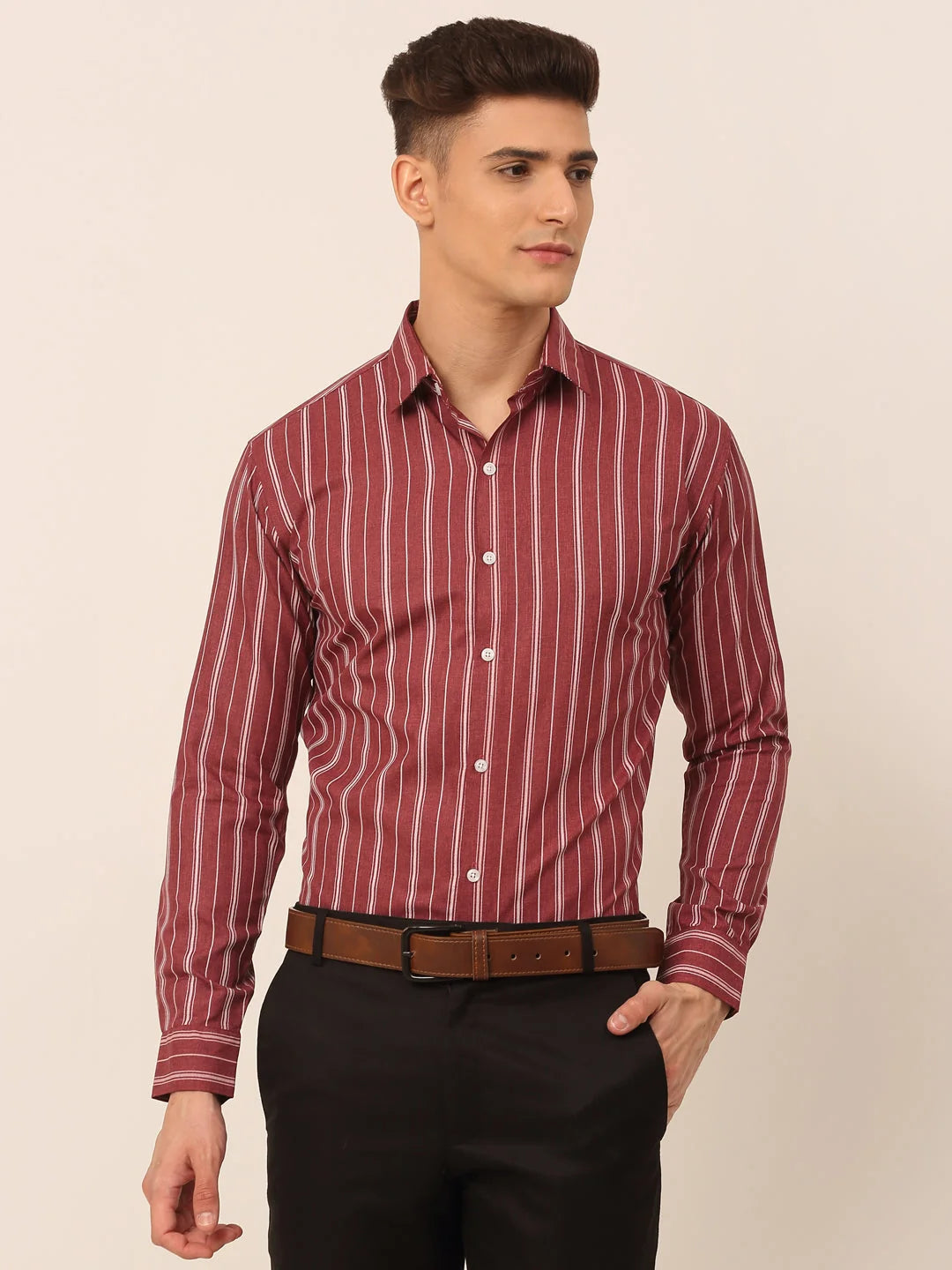 Men Maroon & White Classic Striped Formal Shirt-SF-825