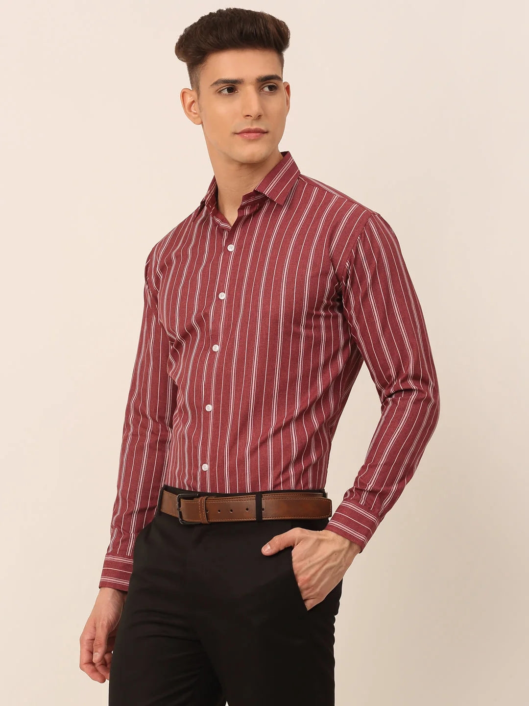 Maroon Striped Mens Shirt - Classic Cotton Formal Shirts