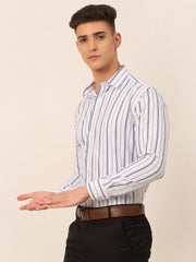 Men White & Blue Classic Striped Formal Shirt-SF-825