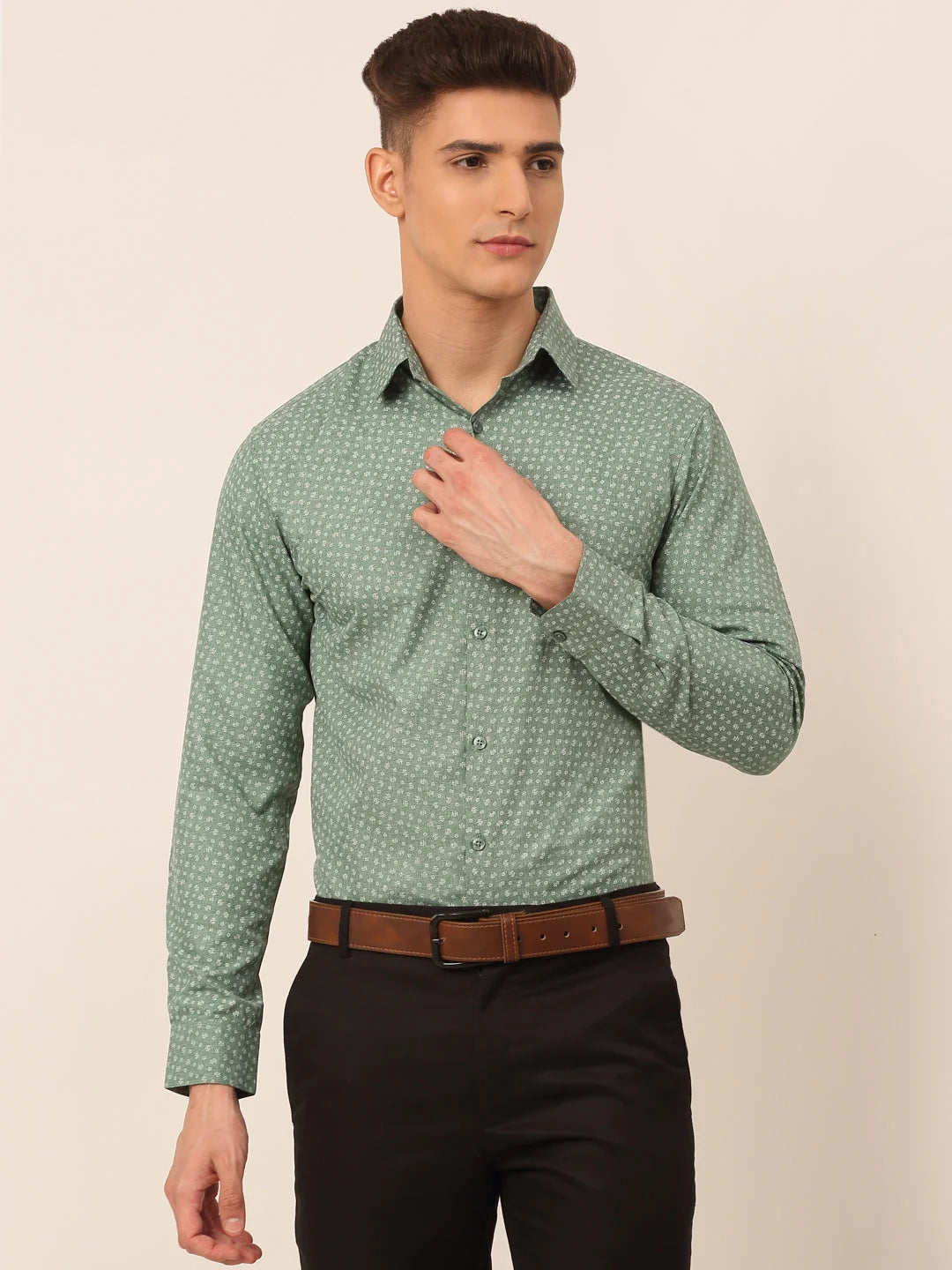 Men's Green Classic Printed Formal Cotton Shirt - SF-827