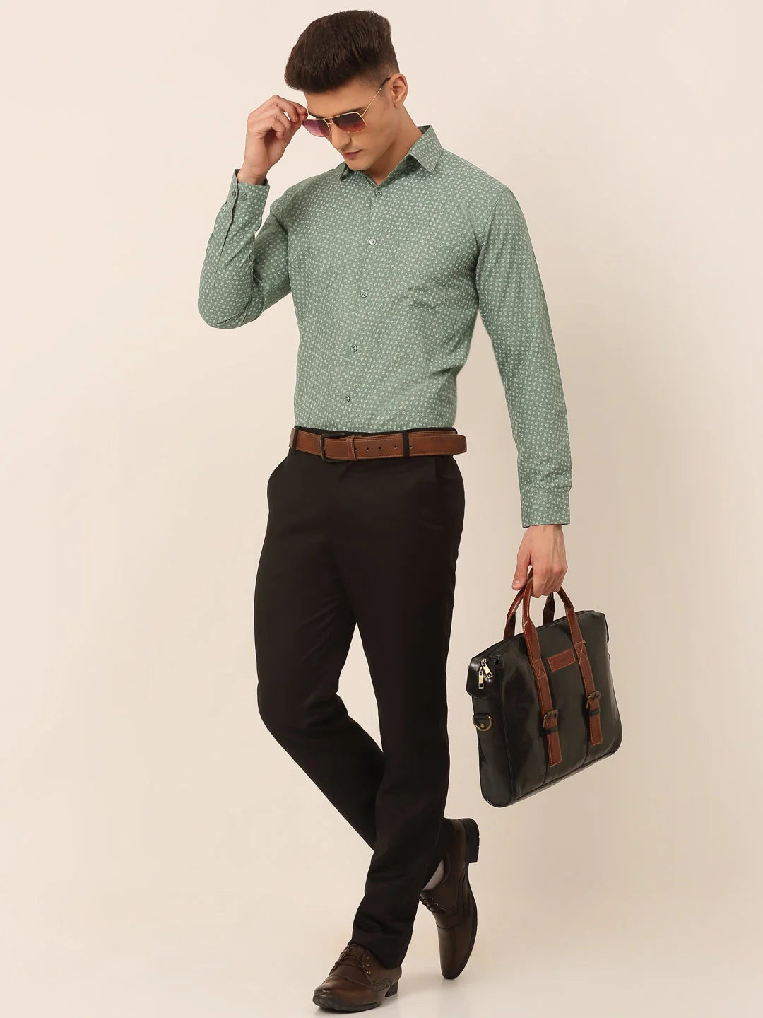 Men's Green Classic Printed Formal Cotton Shirt - SF-827