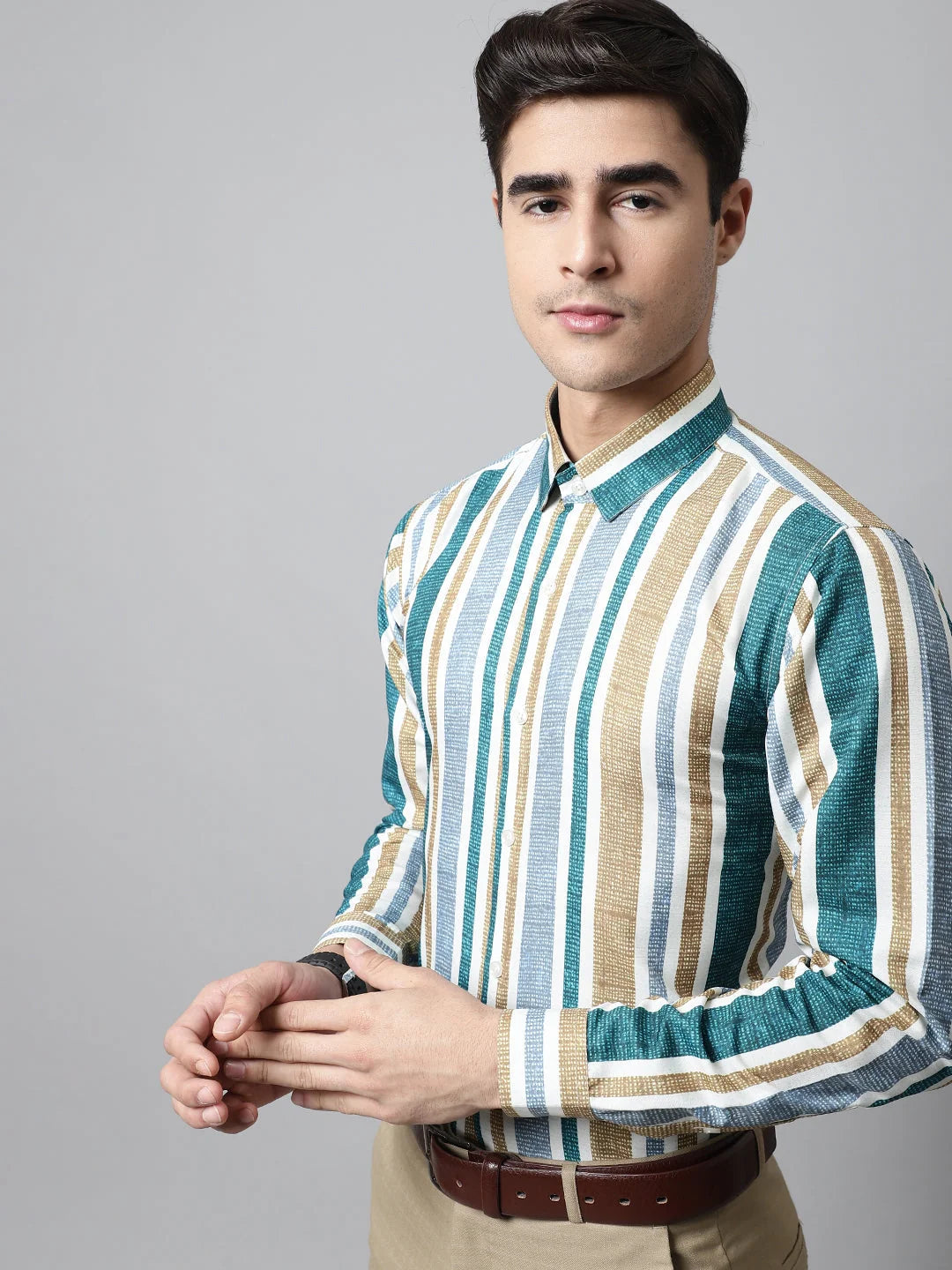 Green Striped Formal Shirt | Mens Cotton Shirt - SF-832