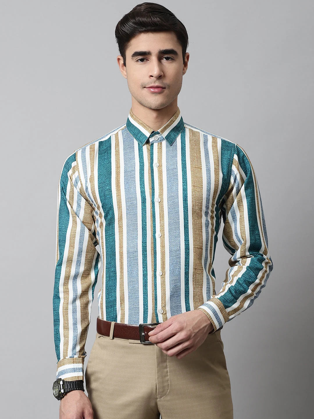 Green Striped Formal Shirt | Mens Cotton Shirt - SF-832