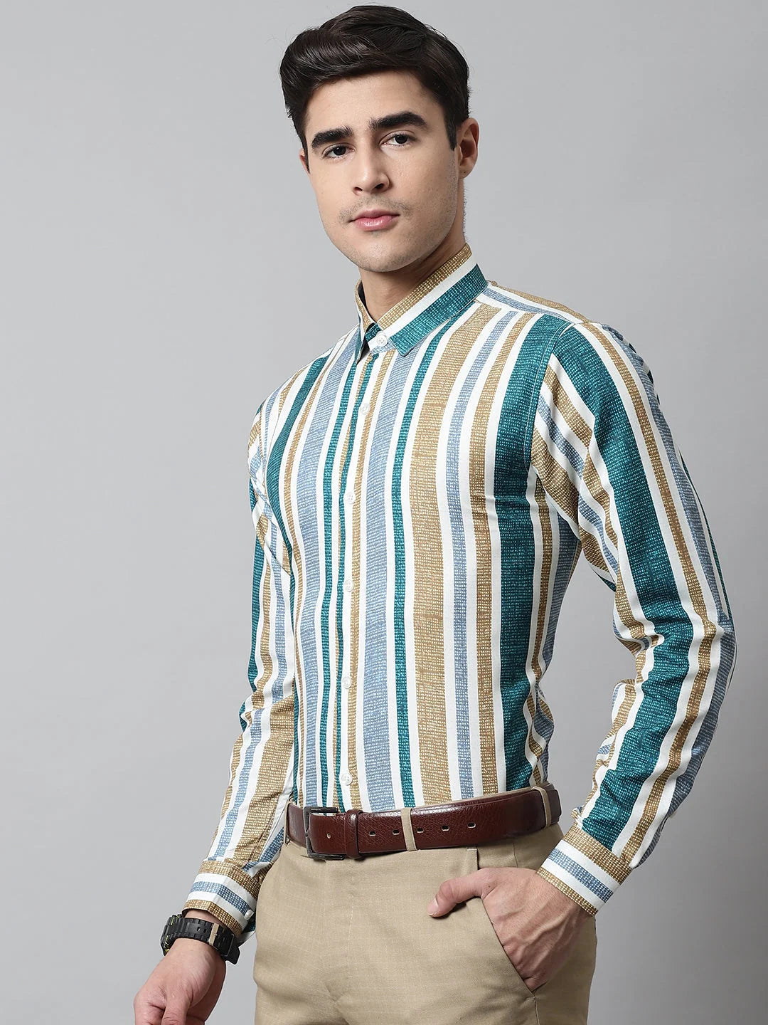 Green Striped Formal Shirt | Mens Cotton Shirt - SF-832