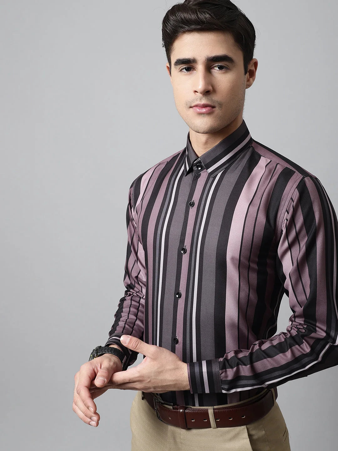 Wine & Black Formal Shirt | Mens Cotton Striped Shirt - SF-832