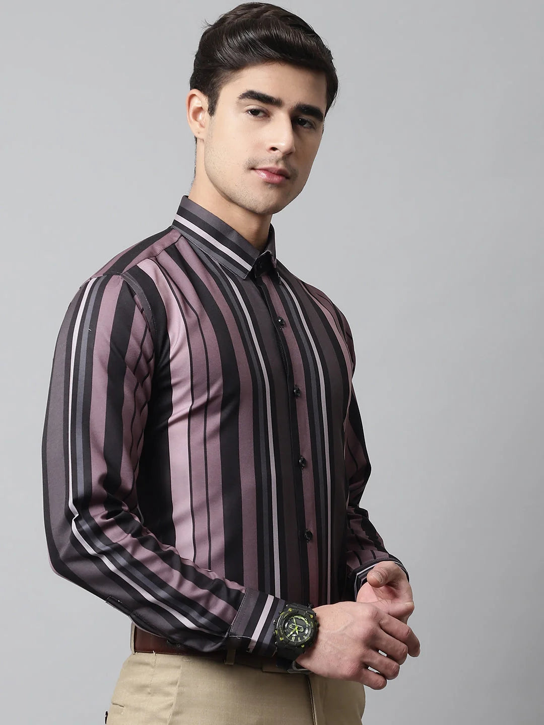 Wine & Black Formal Shirt | Mens Cotton Striped Shirt - SF-832