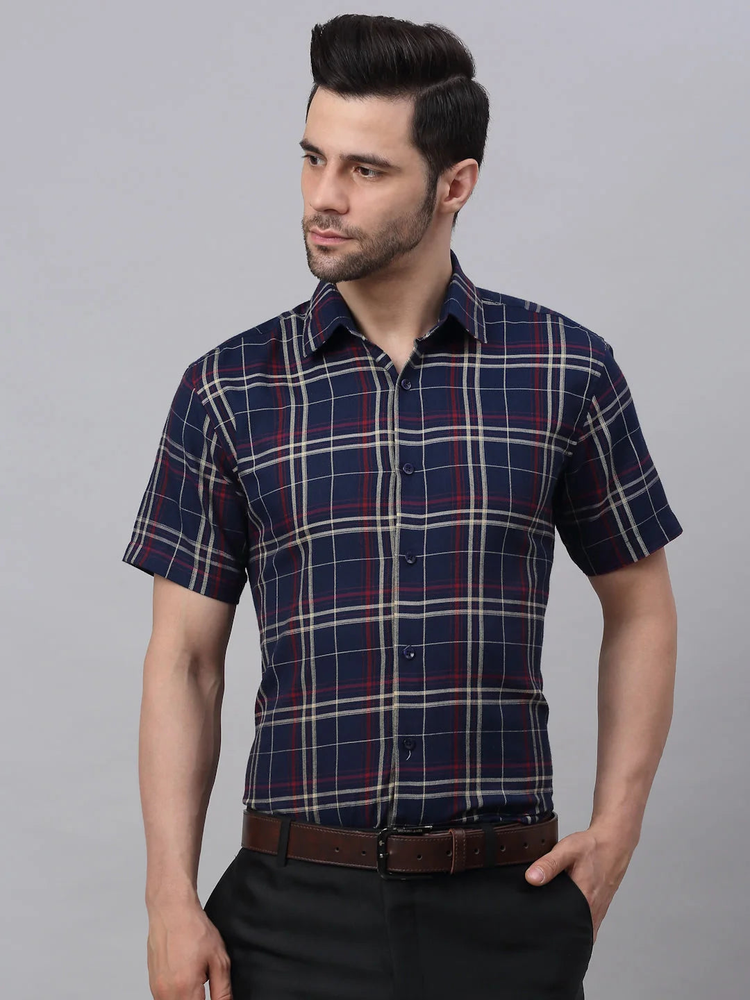 Men's Navy Half Sleeve Checked Formal Shirt-SF-837